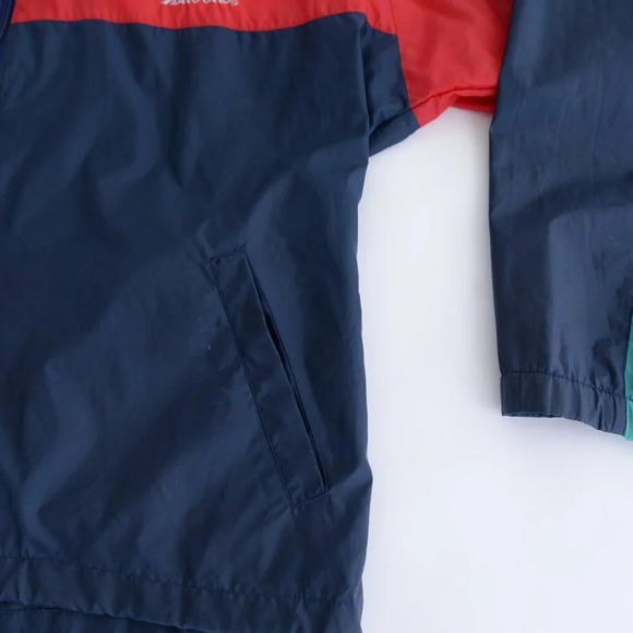 Vintage Brooks Red Navy Zip Waterproof Nylon Stowaway Hood Windbreaker Jacket M - Picture 6 of 11